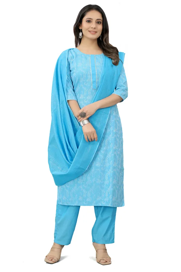 Light_Blue_Cotton_Woven_Kurta_Pant_Dupatta_Set