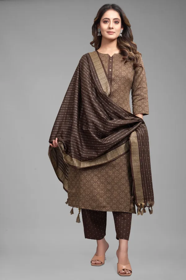 Brown_Khadi_Cotton_Festive_&_Party_Kurta,_Pant_&_Dupatta_Set