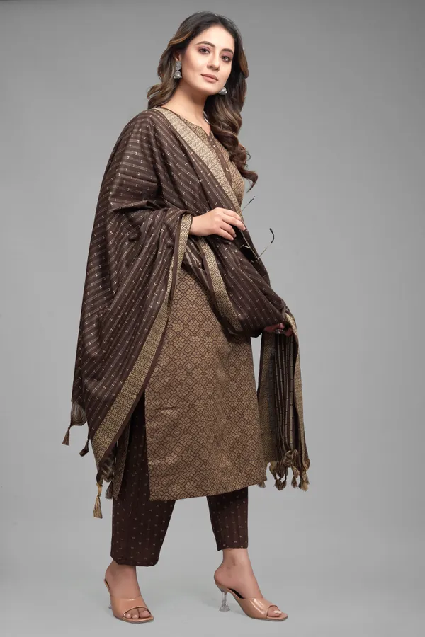 Brown_Khadi_Cotton_Festive_&_Party_Kurta,_Pant_&_Dupatta_Set