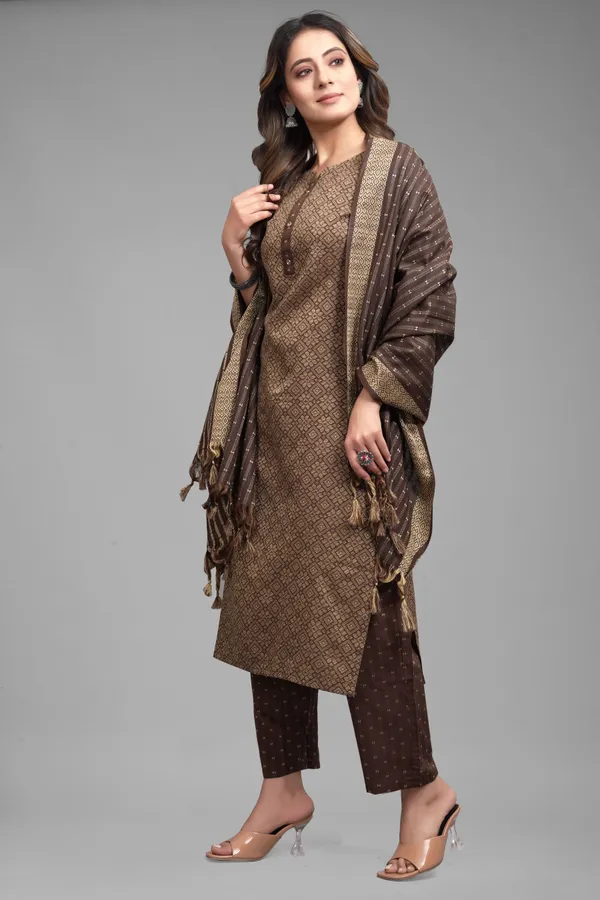 Brown_Khadi_Cotton_Festive_&_Party_Kurta,_Pant_&_Dupatta_Set