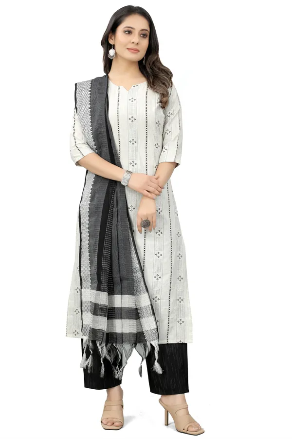 White_Cotton_Woven_Kurta_Pant_Dupatta_Set