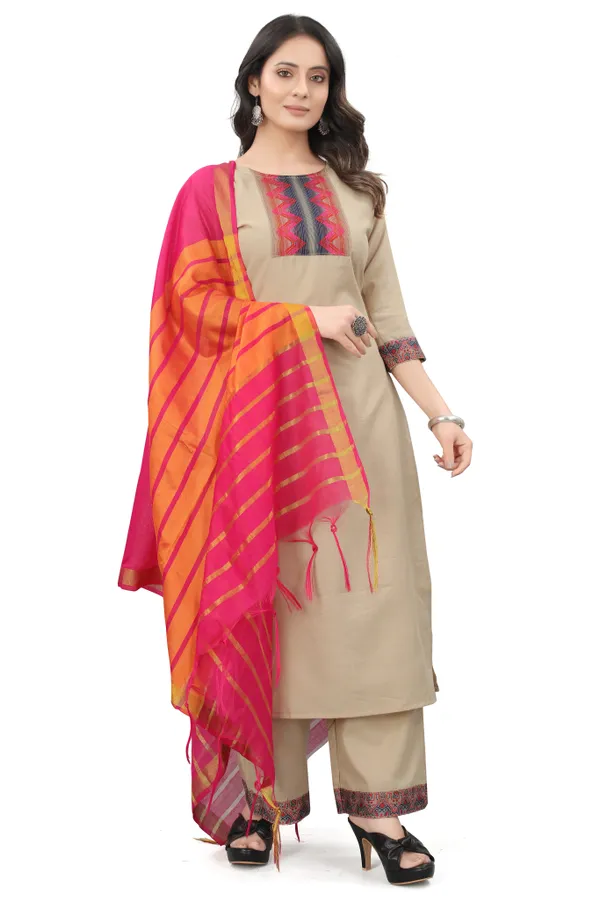 Beige_Cotton_Blend_Solid_Kurta_Pant_Dupatta_Set