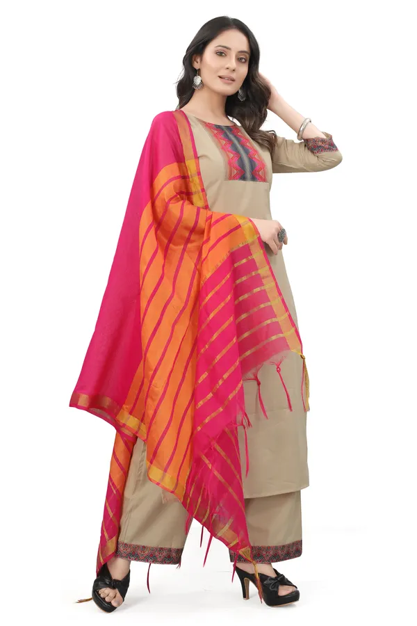 Beige_Cotton_Blend_Solid_Kurta_Pant_Dupatta_Set