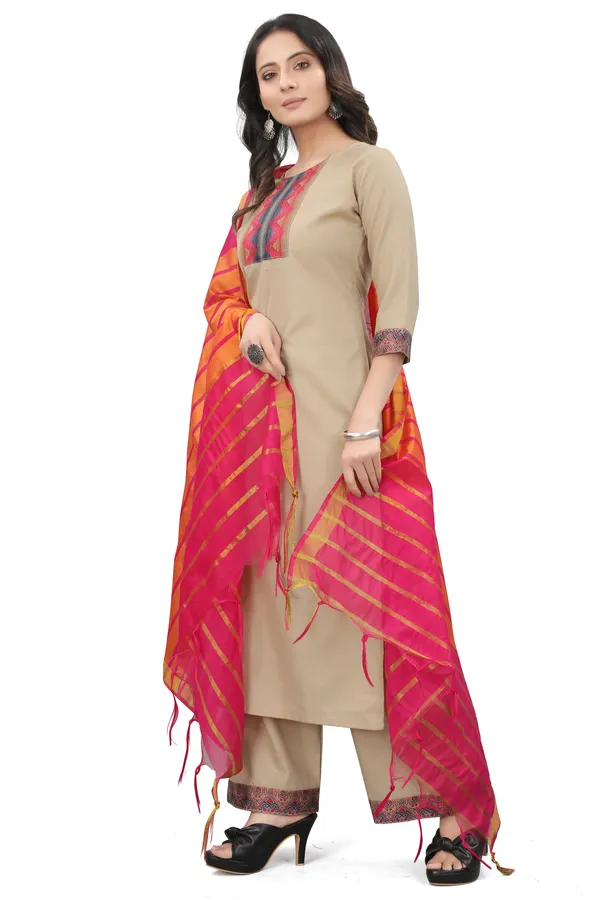 Beige_Cotton_Blend_Solid_Kurta_Pant_Dupatta_Set