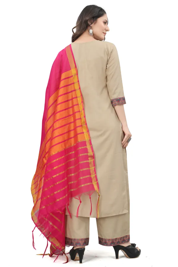 Beige_Cotton_Blend_Solid_Kurta_Pant_Dupatta_Set