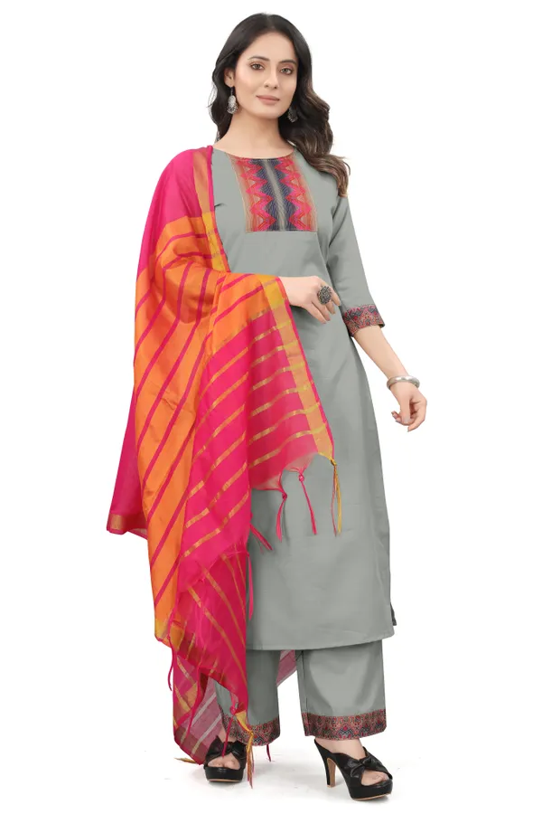 Grey_Cotton_Blend_Solid_Kurta_Pant_Dupatta_Set