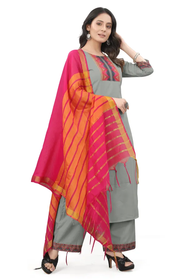 Grey_Cotton_Blend_Solid_Kurta_Pant_Dupatta_Set