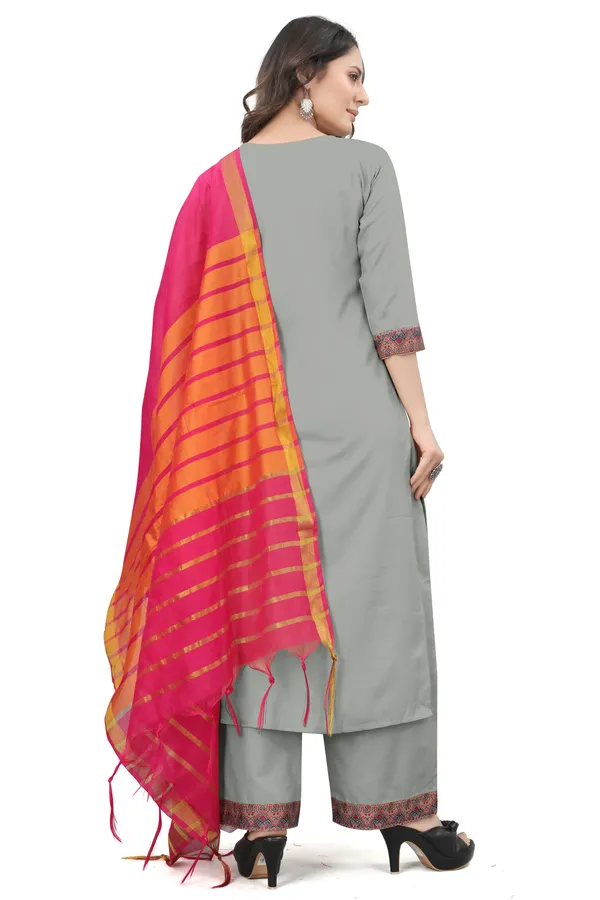 Grey_Cotton_Blend_Solid_Kurta_Pant_Dupatta_Set