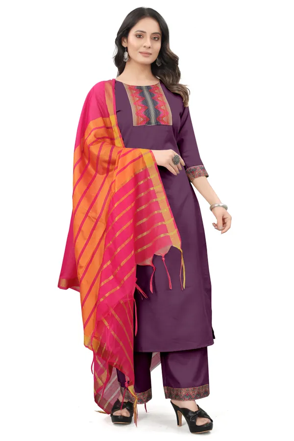 Purple_Cotton_Blend_Solid_Kurta_Pant_Dupatta_Set