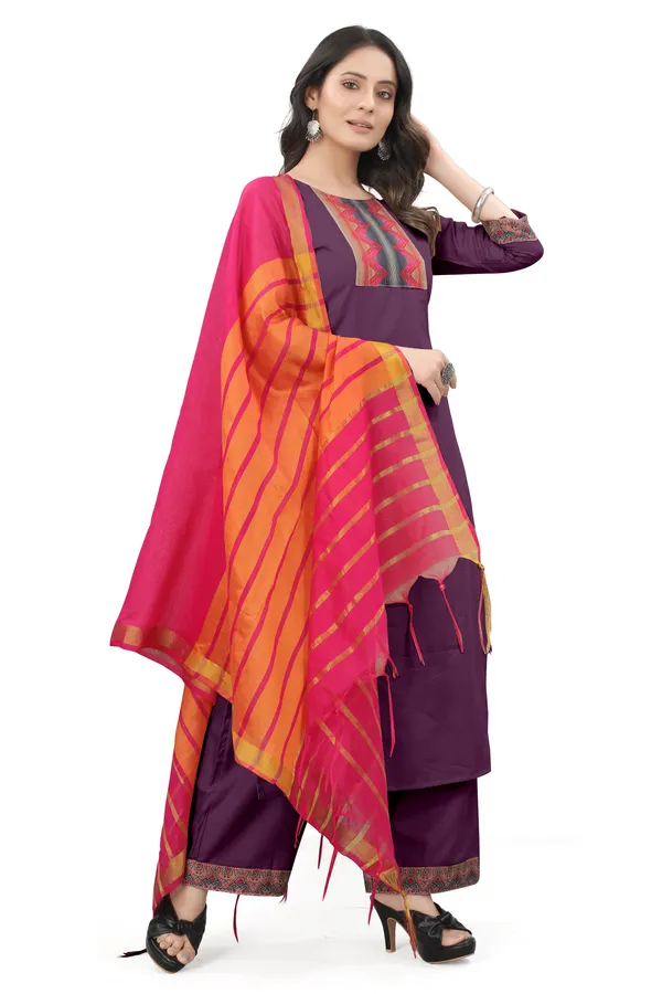 Purple_Cotton_Blend_Solid_Kurta_Pant_Dupatta_Set