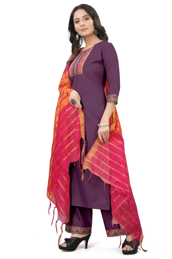 Purple_Cotton_Blend_Solid_Kurta_Pant_Dupatta_Set