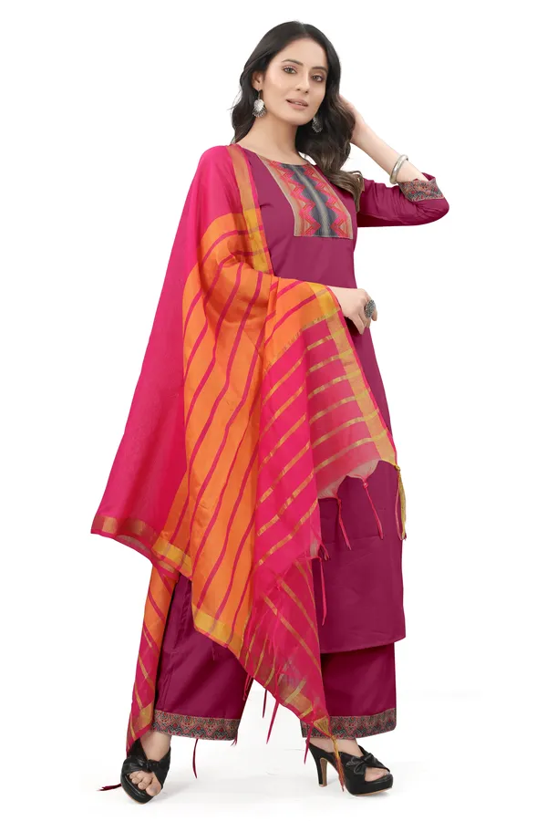 Maroon_Cotton_Blend_Solid_Kurta_Pant_Dupatta_Set