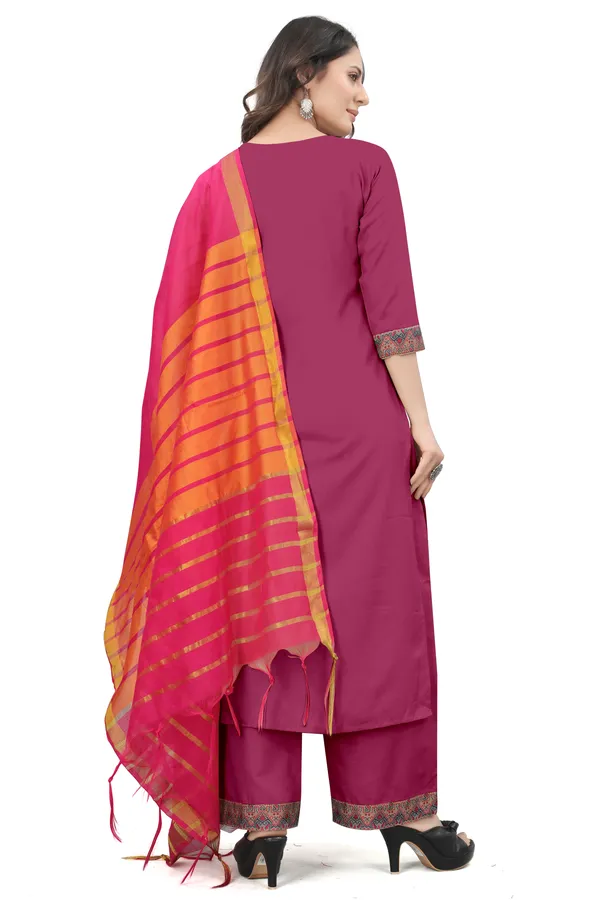 Maroon_Cotton_Blend_Solid_Kurta_Pant_Dupatta_Set