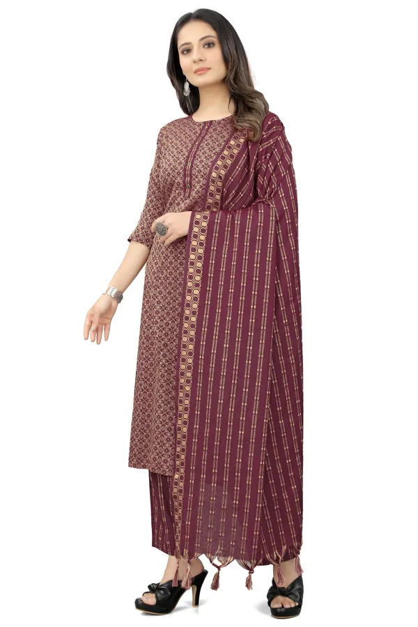 Maroon_Khadi_Cotton_Festive_&_Party_Kurta,_Pant_&_Dupatta_Set