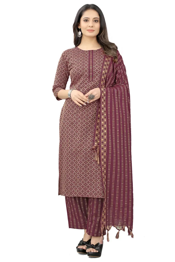 Maroon_Khadi_Cotton_Festive_&_Party_Kurta,_Pant_&_Dupatta_Set