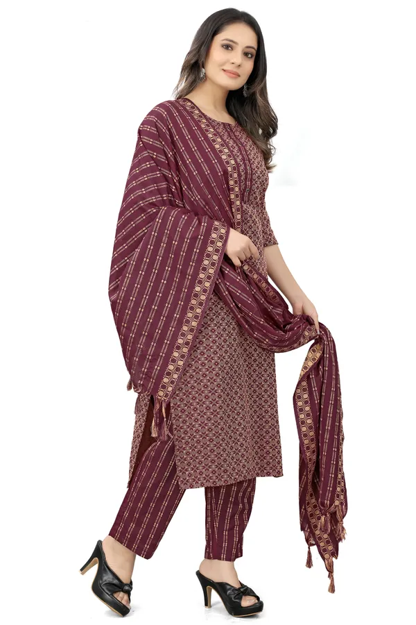 Maroon_Khadi_Cotton_Festive_&_Party_Kurta,_Pant_&_Dupatta_Set