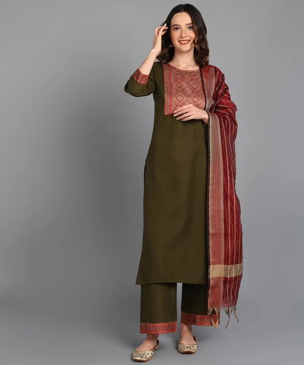 Multicolor_Cotton_Blend_Solid_Kurta_Pant_Dupatta_Set