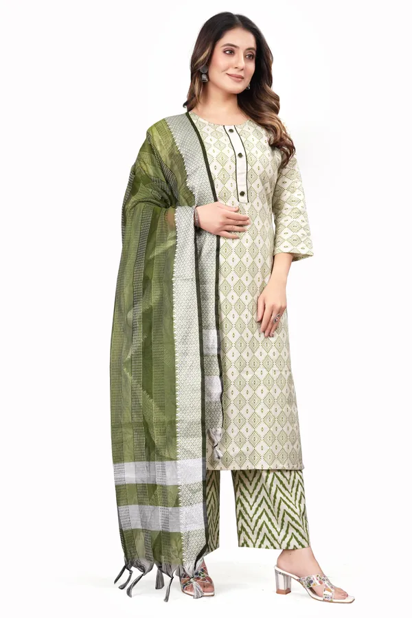 Green_Pure_Cotton_Solid_Kurta_Pant_Dupatta_Set