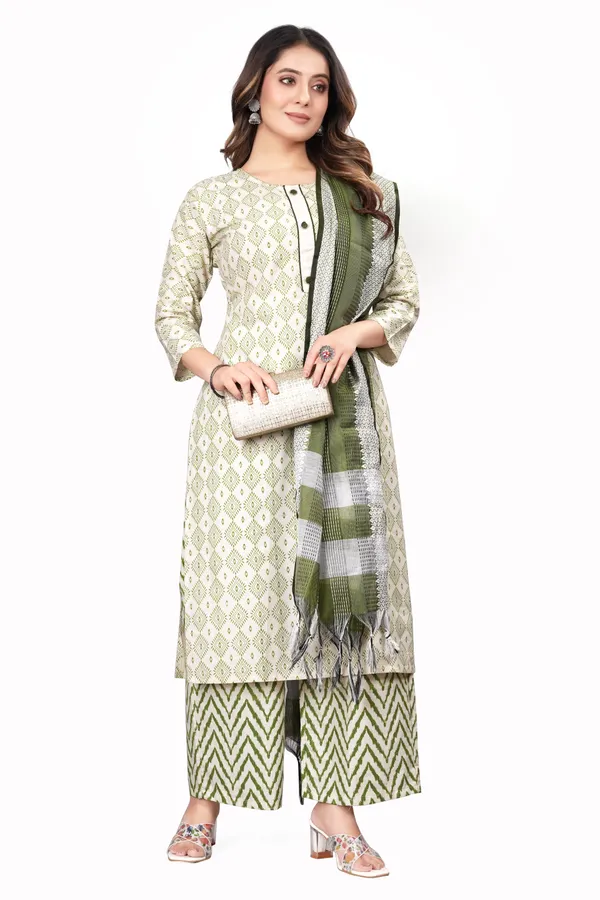 Green_Pure_Cotton_Solid_Kurta_Pant_Dupatta_Set