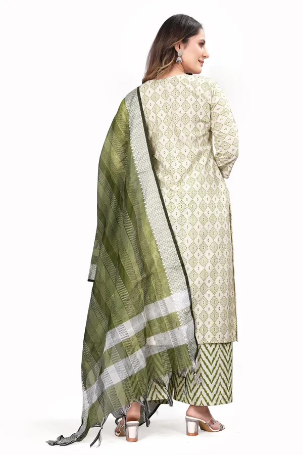 Green_Pure_Cotton_Solid_Kurta_Pant_Dupatta_Set