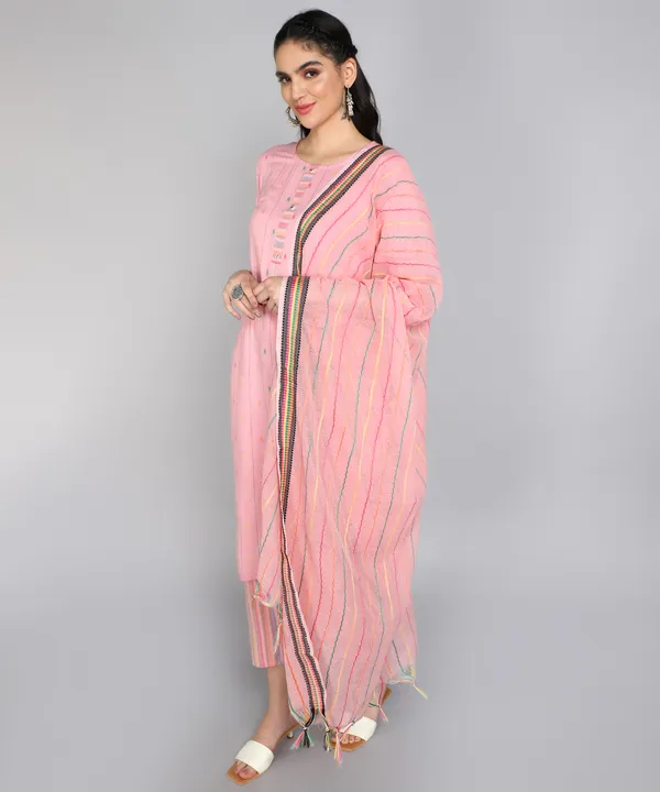 Women's_Unique_Pink_Cotton_Readymade_Kurta_and_Pant_Set_with_Top-Dyed_Dupatta_Attractive_Lace_with_Show_Button_Round_Neck_Elbow_Sleeve-_Casual_and_Lightweight_Ethnic_Wear