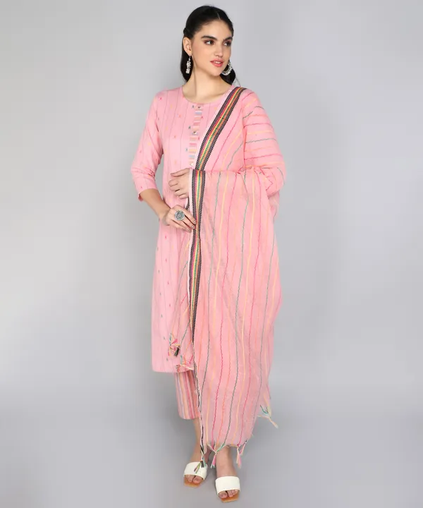 Women's_Unique_Pink_Cotton_Readymade_Kurta_and_Pant_Set_with_Top-Dyed_Dupatta_Attractive_Lace_with_Show_Button_Round_Neck_Elbow_Sleeve-_Casual_and_Lightweight_Ethnic_Wear