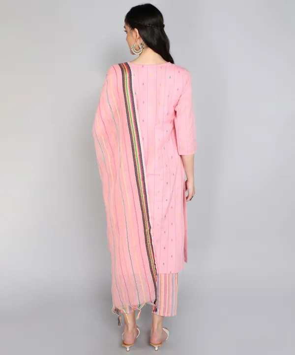 Women's_Unique_Pink_Cotton_Readymade_Kurta_and_Pant_Set_with_Top-Dyed_Dupatta_Attractive_Lace_with_Show_Button_Round_Neck_Elbow_Sleeve-_Casual_and_Lightweight_Ethnic_Wear