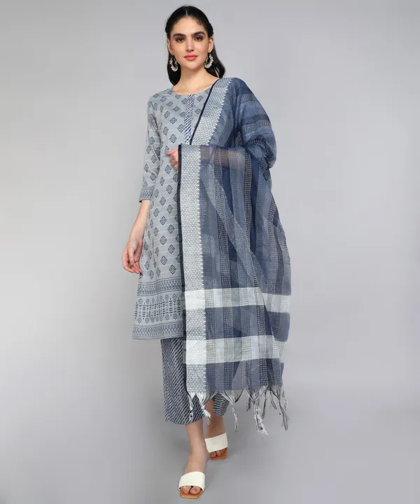 Blue_Pure_Cotton_Printed_Kurta_Pant_Dupatta_Set