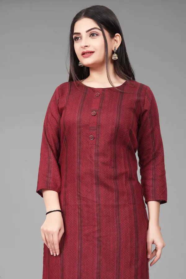Maroon_Cotton_Blend_Striped_Straight_Kurta