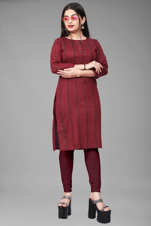 Maroon_Cotton_Blend_Striped_Straight_Kurta