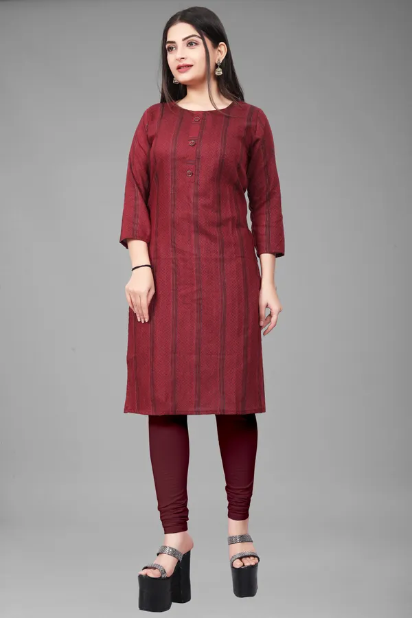 Maroon_Cotton_Blend_Striped_Straight_Kurta