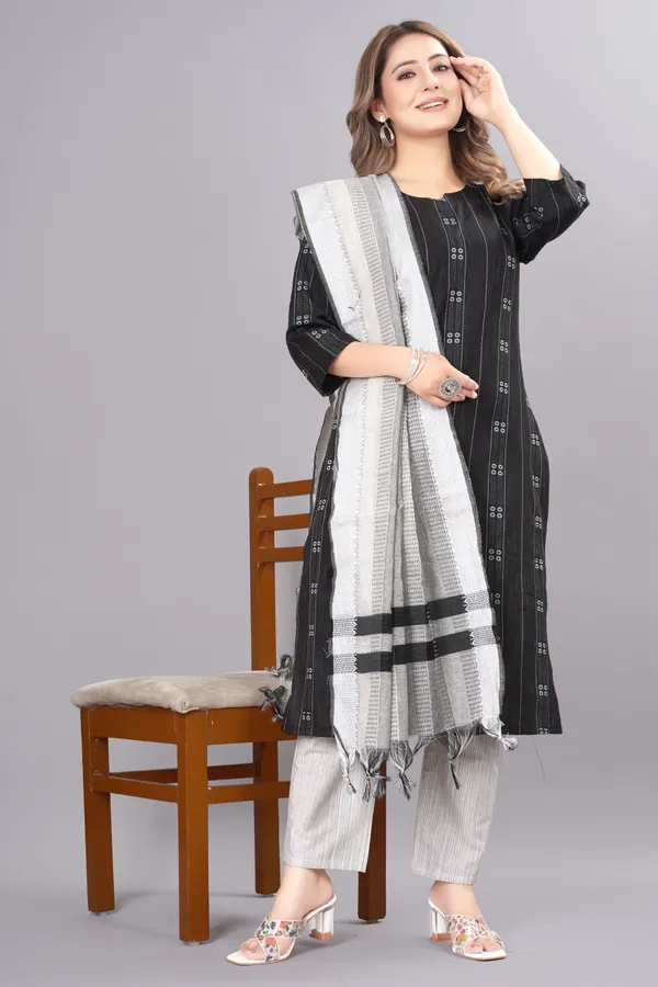Black_Cotton_Woven_Design_Kurta_Pant_Dupatta_Set