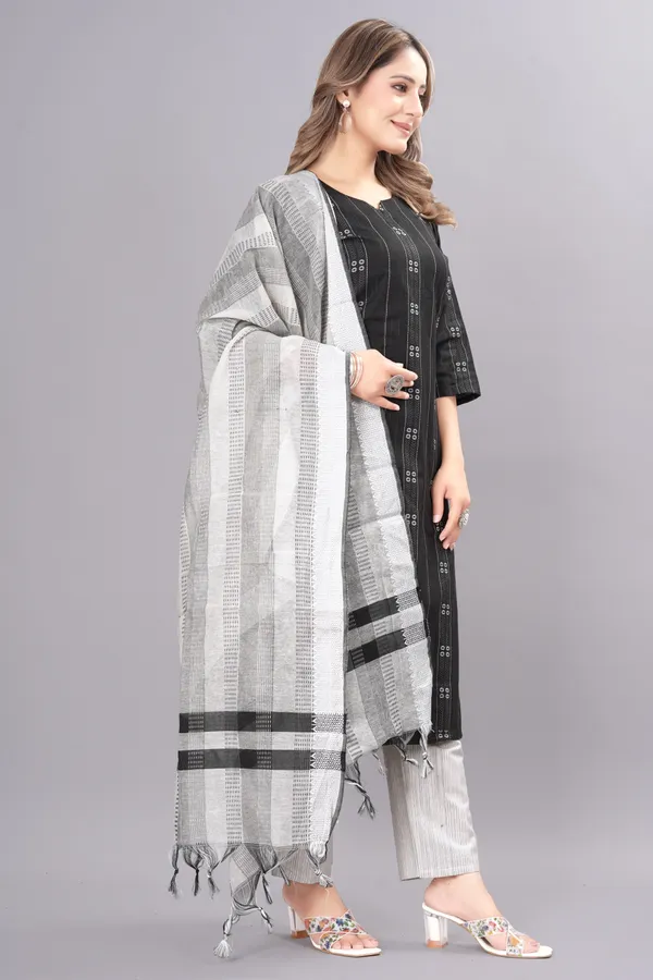 Black_Cotton_Woven_Design_Kurta_Pant_Dupatta_Set