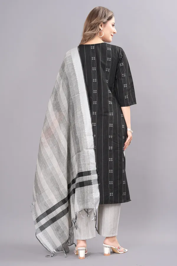 Black_Cotton_Woven_Design_Kurta_Pant_Dupatta_Set