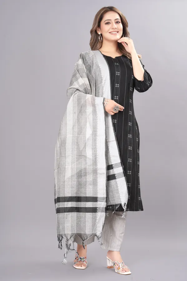 Black_Cotton_Woven_Design_Kurta_Pant_Dupatta_Set