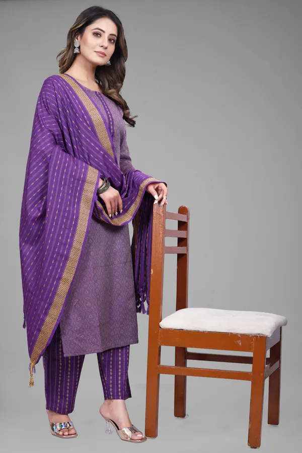 Purple_Khadi_Cotton_Self_Design_Kurta_Pant_Dupatta_Set