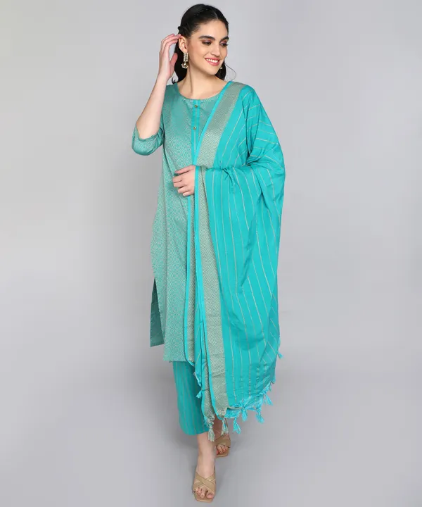Green_Pure_Cotton_Solid_Kurta_Pant_Dupatta_Set