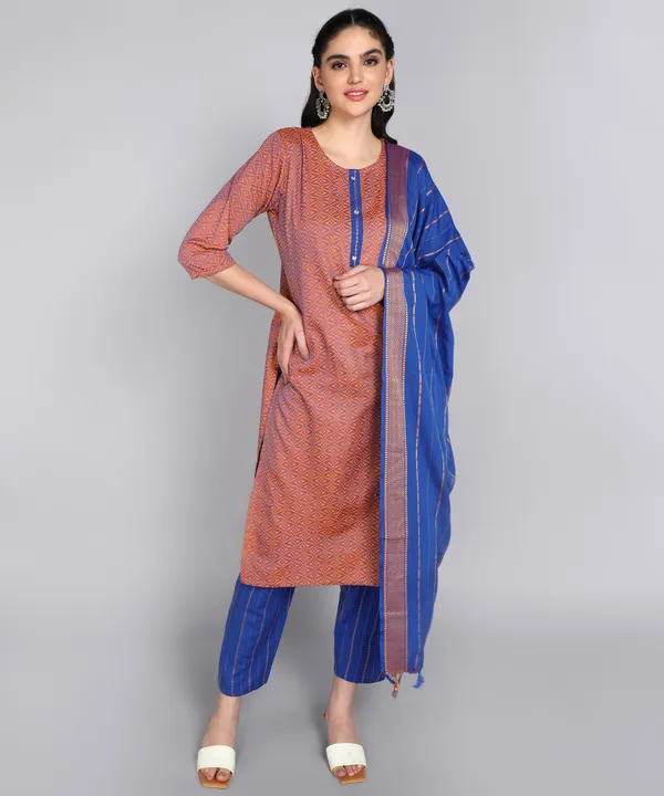 Orange_Pure_Cotton_Solid_Kurta_Pant_Dupatta_Set