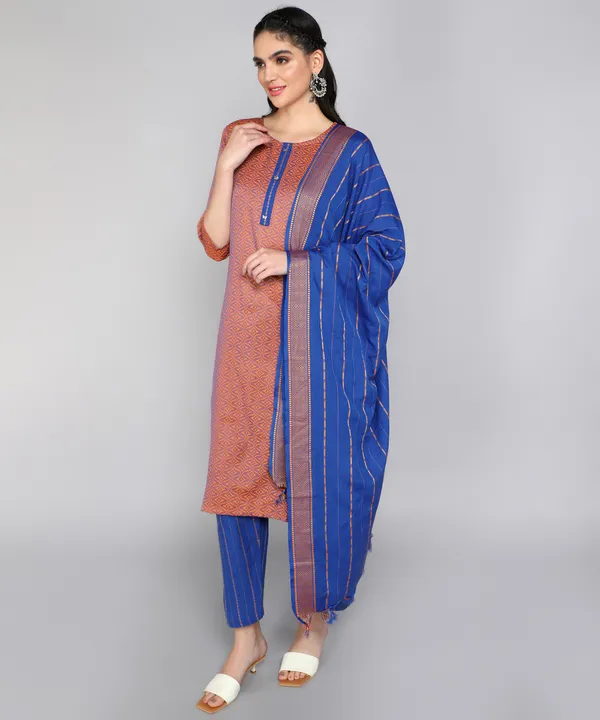 Orange_Pure_Cotton_Solid_Kurta_Pant_Dupatta_Set