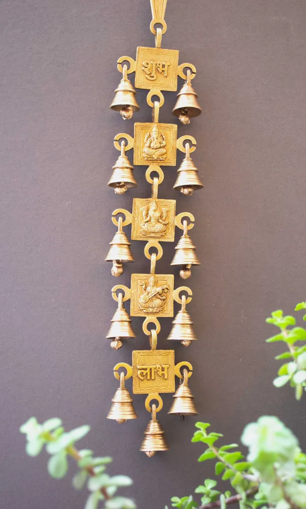 Brass_Wall_Hanging_of_Lord_Ganesha_and_Laxmi_with_11_Bells,_Indian_Mandir_Decor_Item.