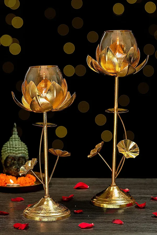 Gold_Lotus_Candle_Holder_Center_Table_Decorative_Items_for_Living_Room_(2_Pcs_Set)_,Glass