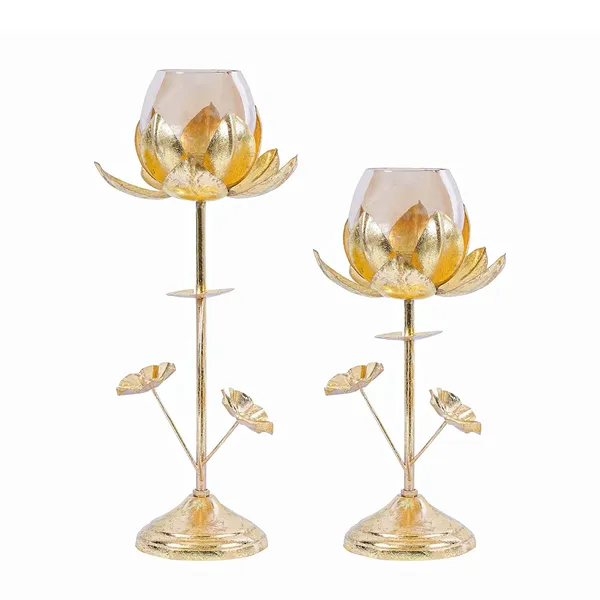 Gold_Lotus_Candle_Holder_Center_Table_Decorative_Items_for_Living_Room_(2_Pcs_Set)_,Glass