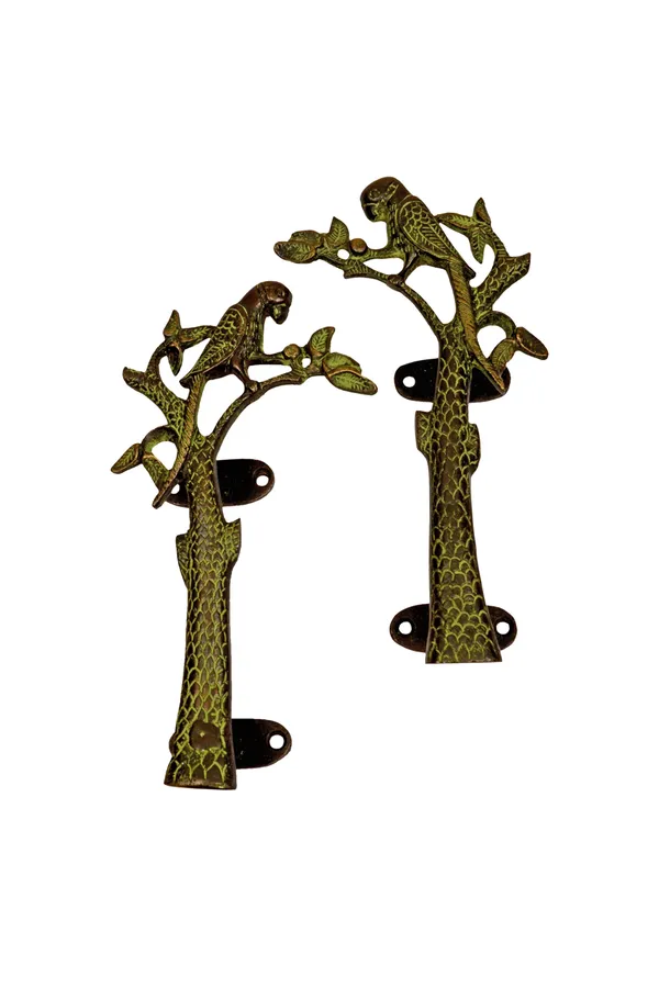 Antique_Green_Parrot_Design_Door_Handware_With_Tree_Design,_Door_Handle_Pair_6_Inches,_Indian_Brass_Decor