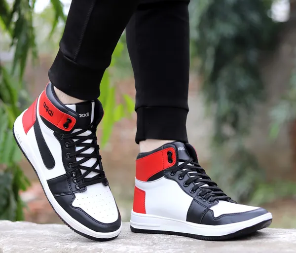 Black_&_White_Synthetic_Leather_Lace-Ups_High_Tops_For_Men