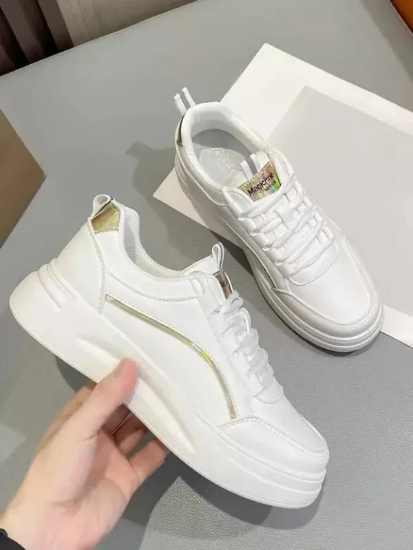 White_Synthetic_Leather_Lace-Ups_Running_Shoes_For_Women