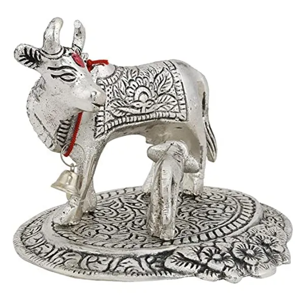 Silver___Candela__Ozonised_Vedic_Kamdhenu_Cow_And_Calf_Pooja_Mandir_Idol_(H-6_Cm)-