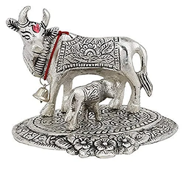 Silver___Candela__Ozonised_Vedic_Kamdhenu_Cow_And_Calf_Pooja_Mandir_Idol_(H-6_Cm)-