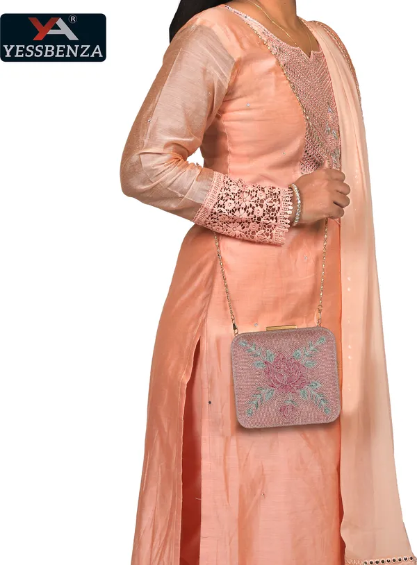 Peach_Polycotton_Fabric_Hand_Side_Slings_Party_Clutch_Bag_For_Women