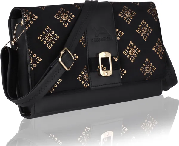 Black_Synthetic_Leather_And_Cotton_Self_Design_Detachable_Strap_Sling_Bag