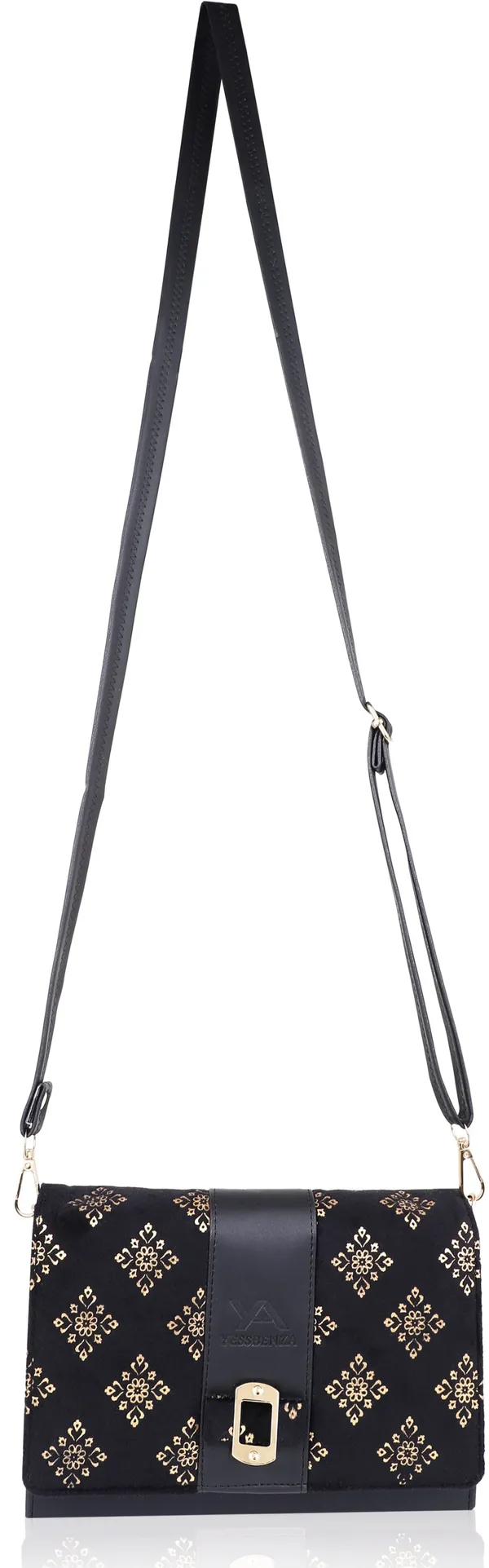 Black_Synthetic_Leather_And_Cotton_Self_Design_Detachable_Strap_Sling_Bag